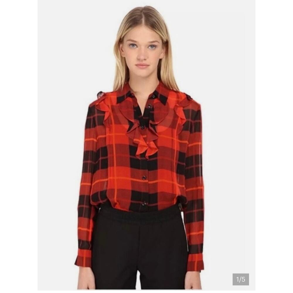 KATE SPADE Ruffle Front Button-Up Red Woodland Plaid Chiffon Silk Blouse SZ 4